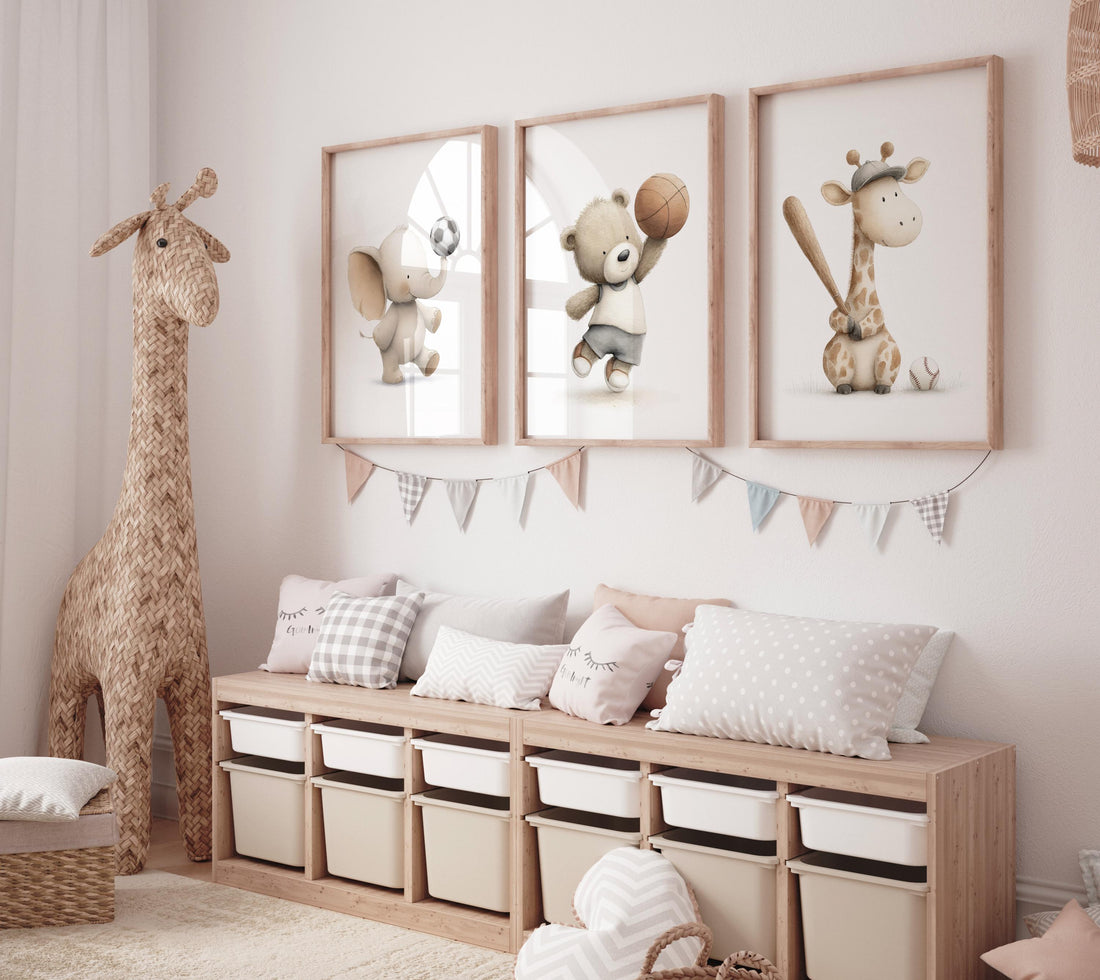 Baby Animal Sports Nursery Print: Baseball, Soccer, Basketball