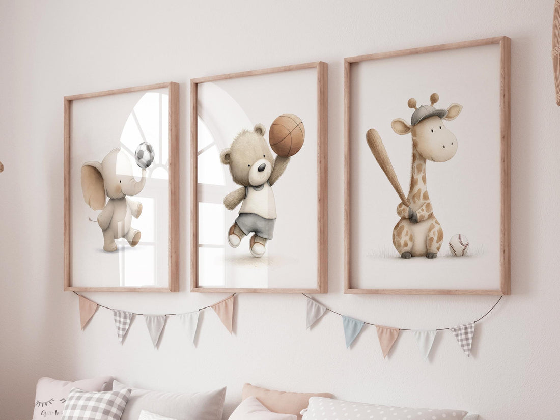 Baby Animal Sports Nursery Print: Baseball, Soccer, Basketball