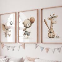 Baby Animal Sports Nursery Print: Baseball, Soccer, Basketball