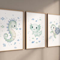 Seahorse, Axolotl & Turtle Nursery Prints – Ocean Animals Wall Art Set