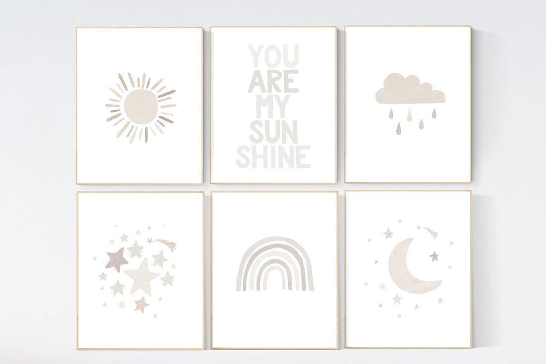 Neutral Nursery Prints Set – Beige Rainbow, Moon, Stars Wall Art