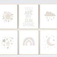 Neutral Nursery Prints Set – Beige Rainbow, Moon, Stars Wall Art