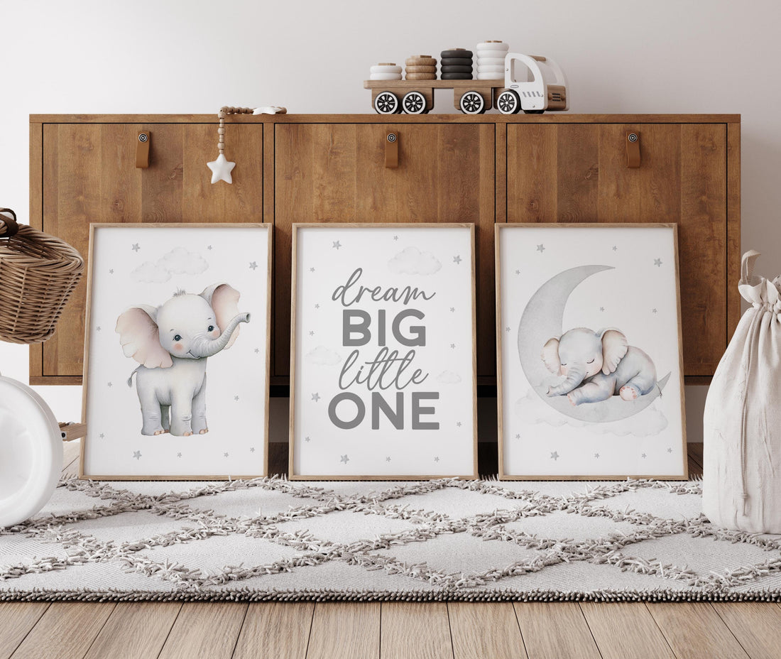 Elephant Nursery Print Set: Neutral Baby Room Decor, Safari Theme
