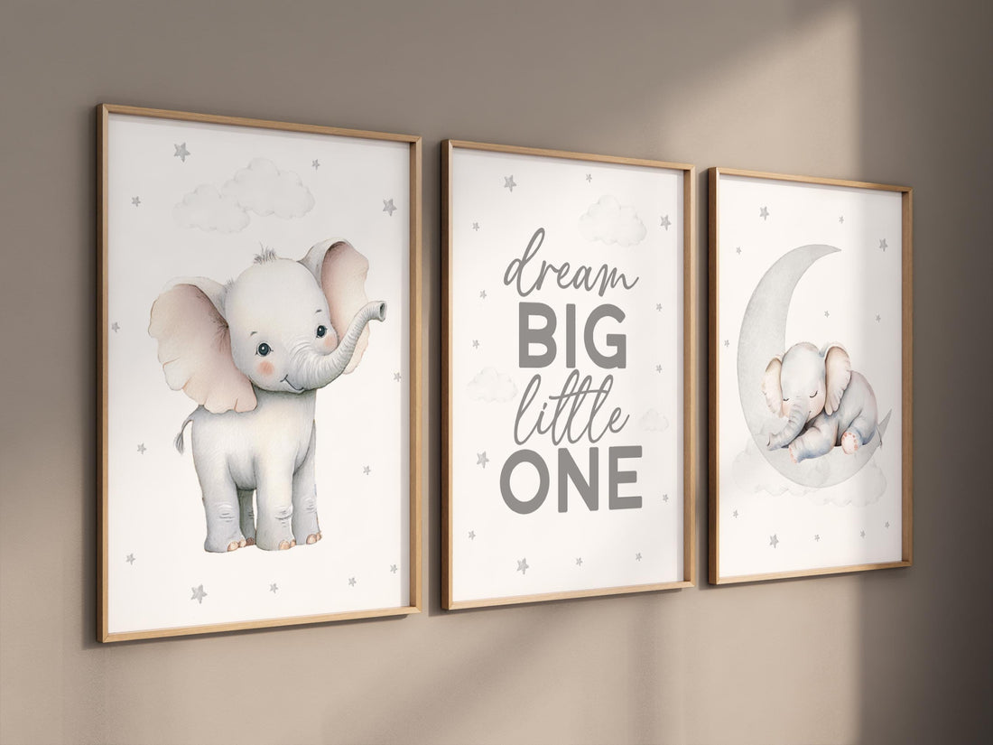 Elephant Nursery Print Set: Neutral Baby Room Decor, Safari Theme