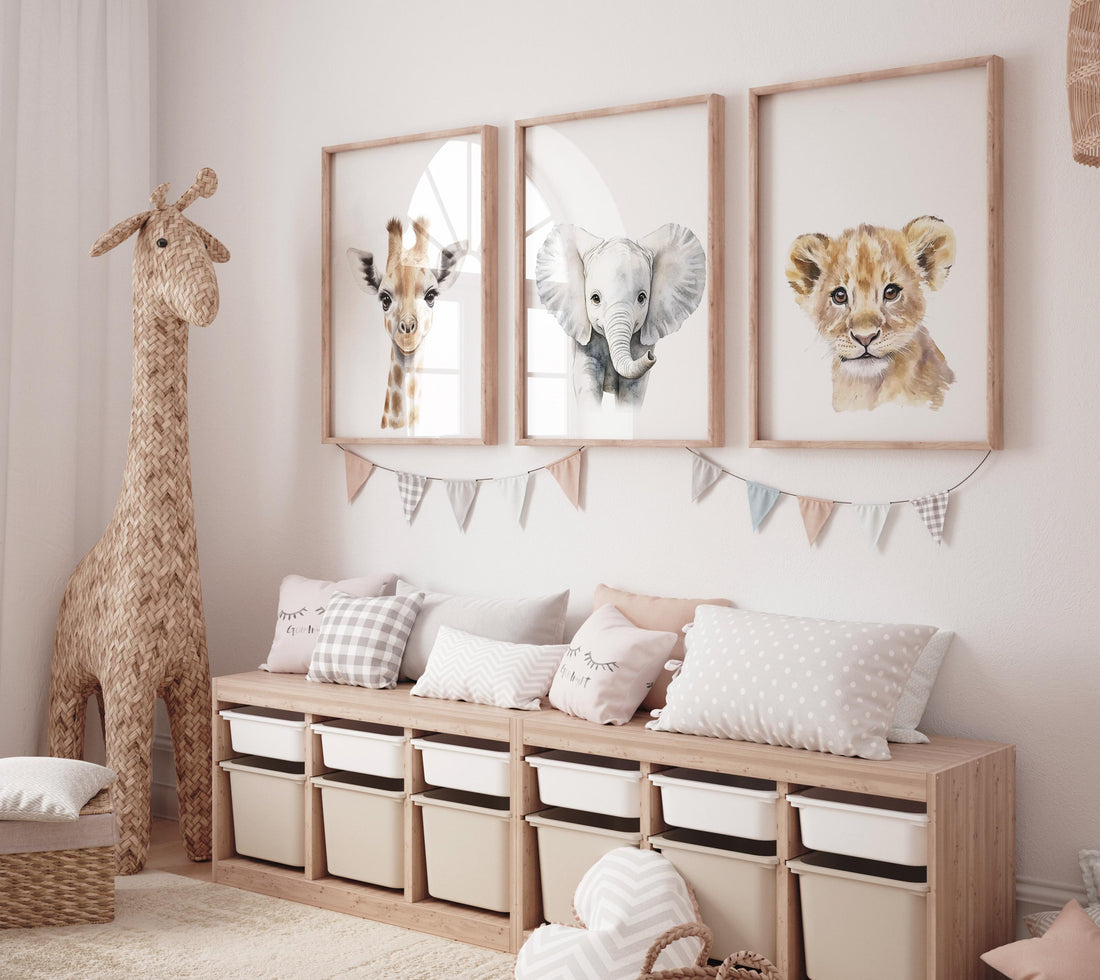 Safari Nursery Wall Art Prints, Giraffe Elephant Lion Nursery Decor