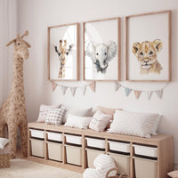Safari Nursery Wall Art Prints, Giraffe Elephant Lion Nursery Decor