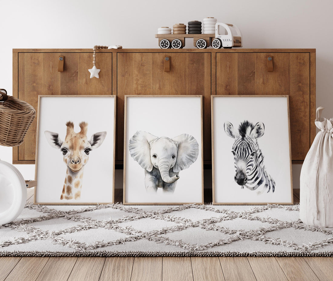 Safari Nursery Wall Art Set, Giraffe Elephant Zebra Prints
