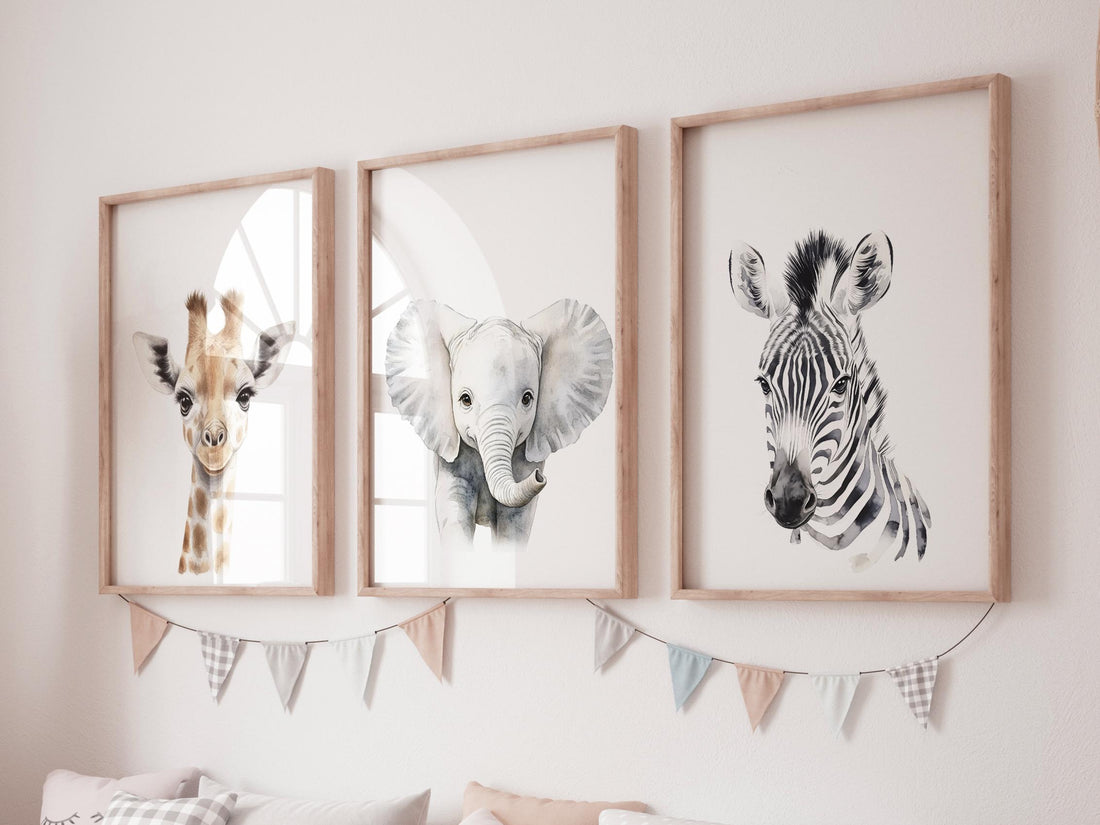 Safari Nursery Wall Art Set, Giraffe Elephant Zebra Prints