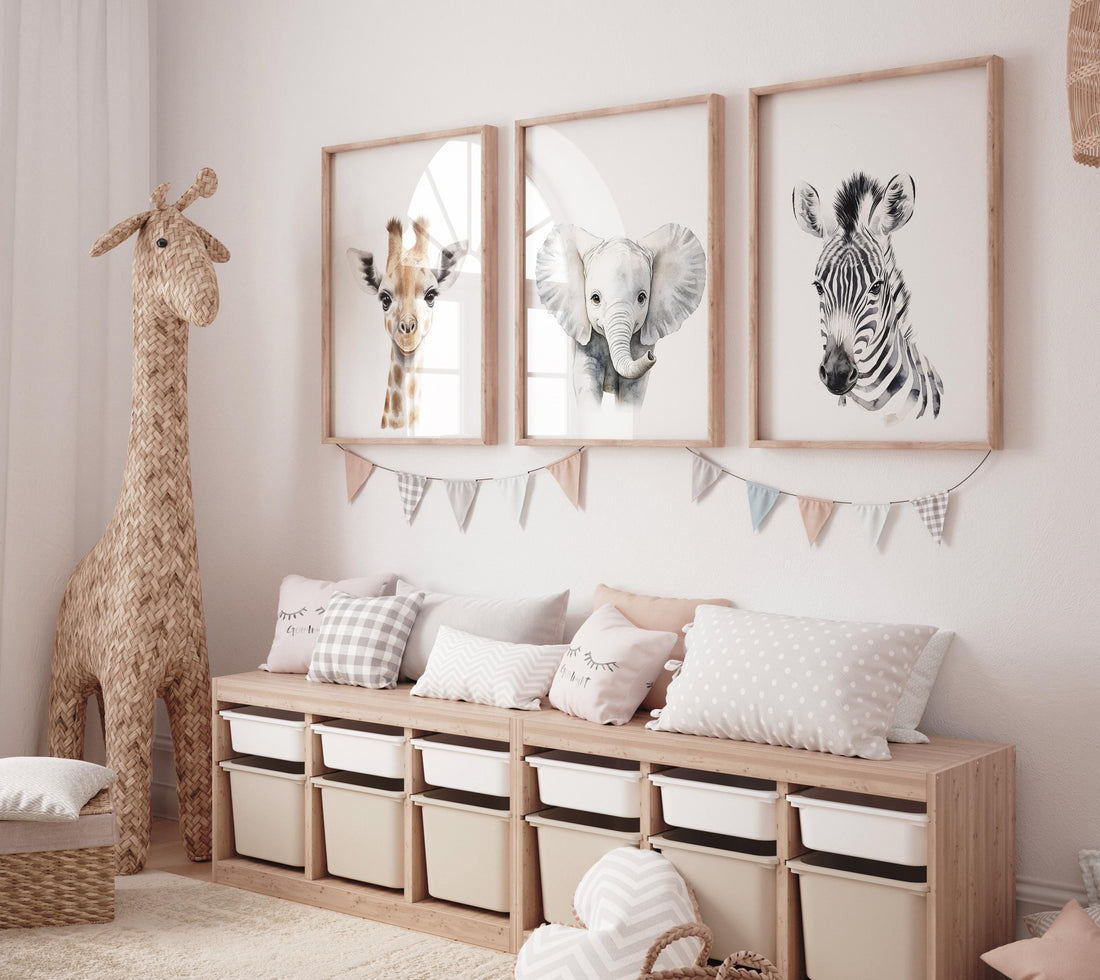 Safari Nursery Wall Art Set, Giraffe Elephant Zebra Prints