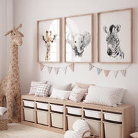 Safari Nursery Wall Art Set, Giraffe Elephant Zebra Prints
