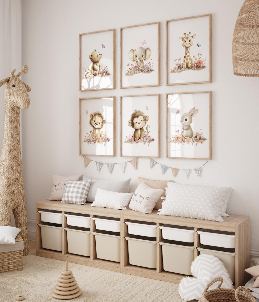 Floral Safari Animal Prints: Boho Nursery Decor, Set of 6