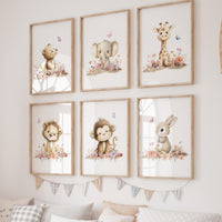 Floral Safari Animal Prints: Boho Nursery Decor, Set of 6