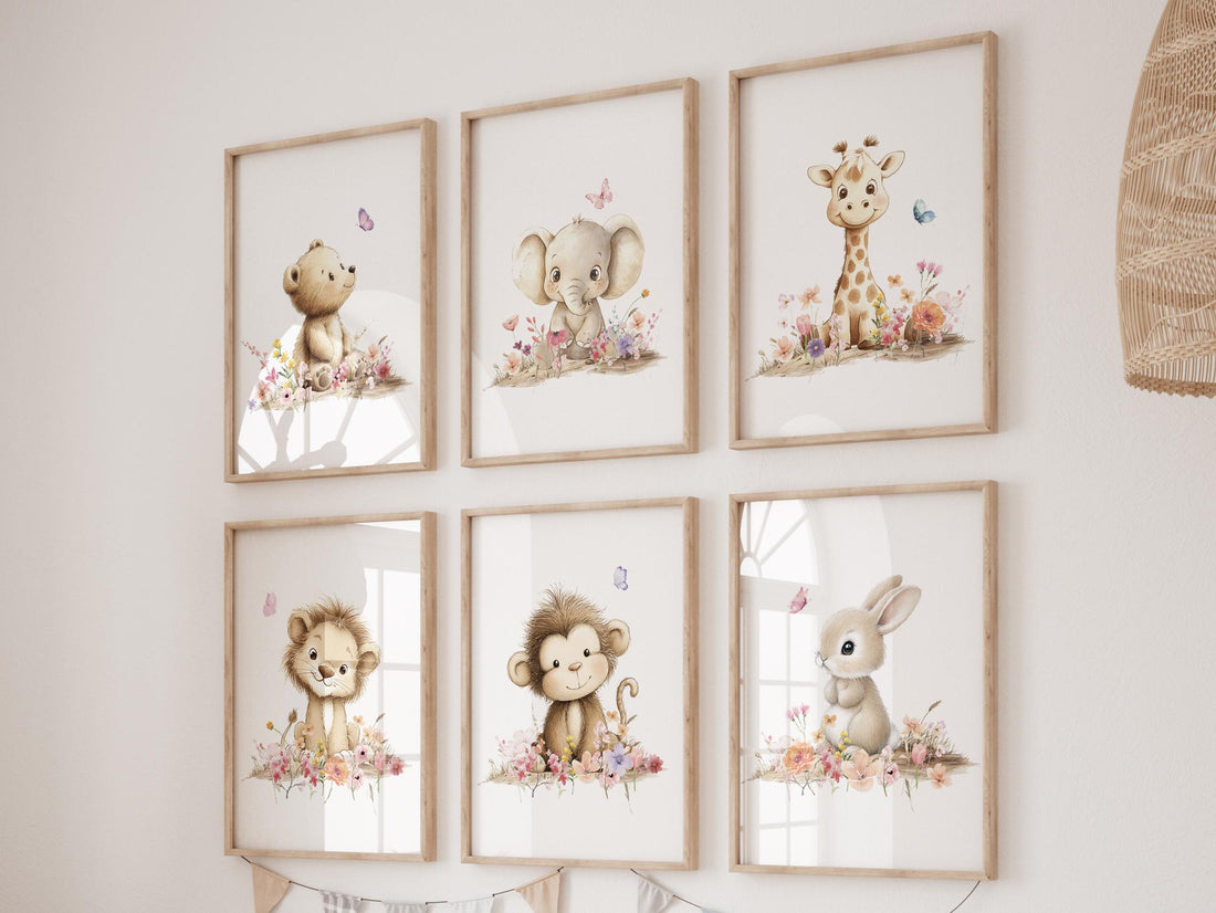 Floral Safari Animal Prints: Boho Nursery Decor, Set of 6