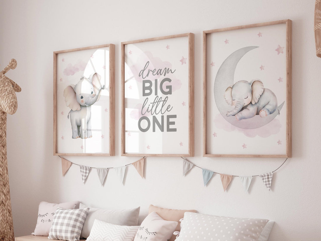 Pink Elephant Nursery Prints Set: Girls Room Decor