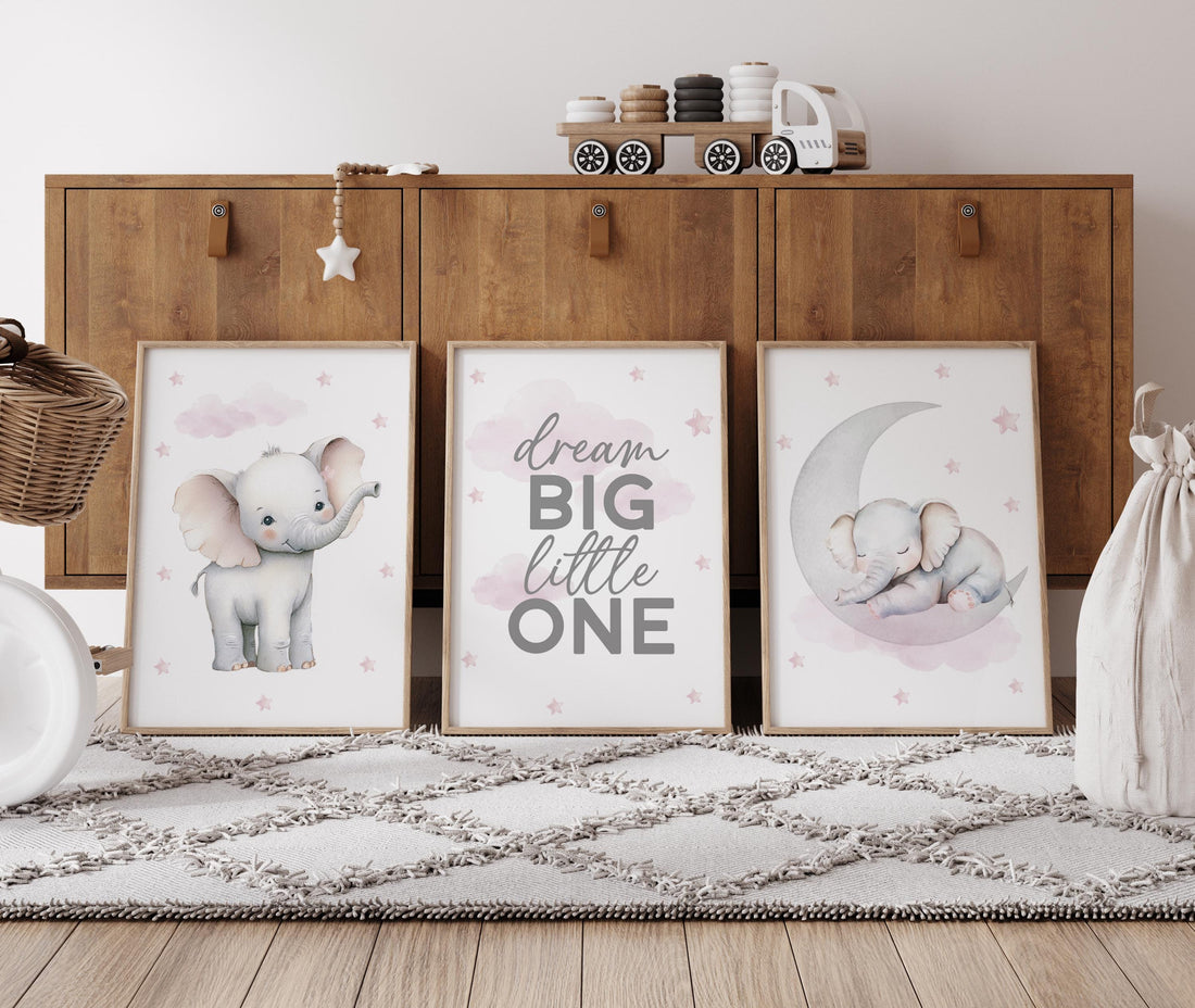 Pink Elephant Nursery Prints Set: Girls Room Decor