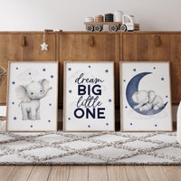 Elephant Nursery Decor: Navy Blue Moon & Stars Print