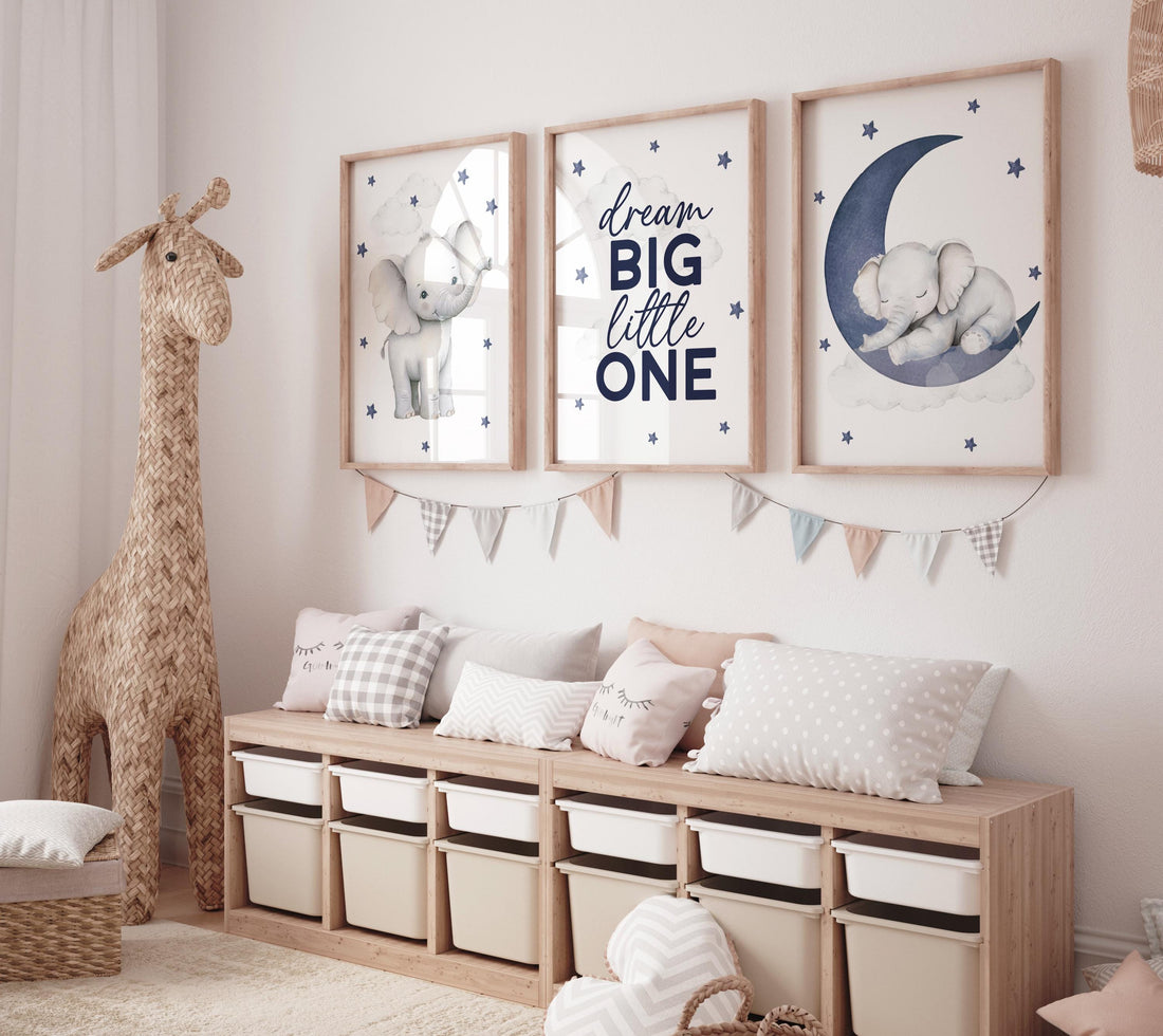 Elephant Nursery Decor: Navy Blue Moon & Stars Print