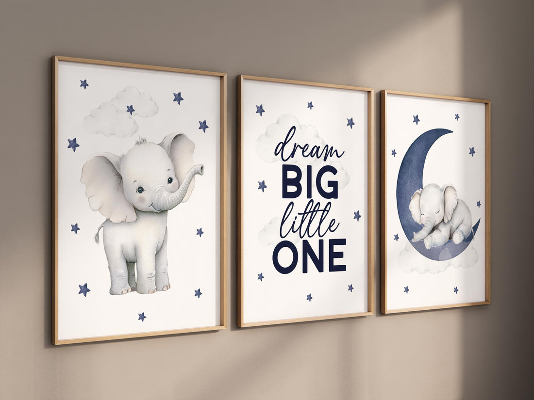 Elephant Nursery Decor: Navy Blue Moon & Stars Print