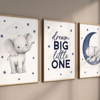 Elephant Nursery Decor: Navy Blue Moon & Stars Print