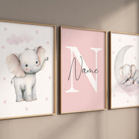 Pink Elephant Nursery Prints Set: Girls Room Decor