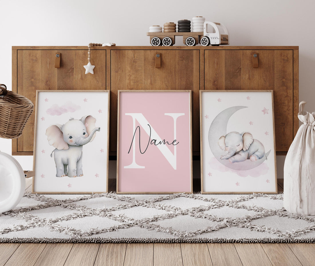 Pink Elephant Nursery Prints Set: Girls Room Decor