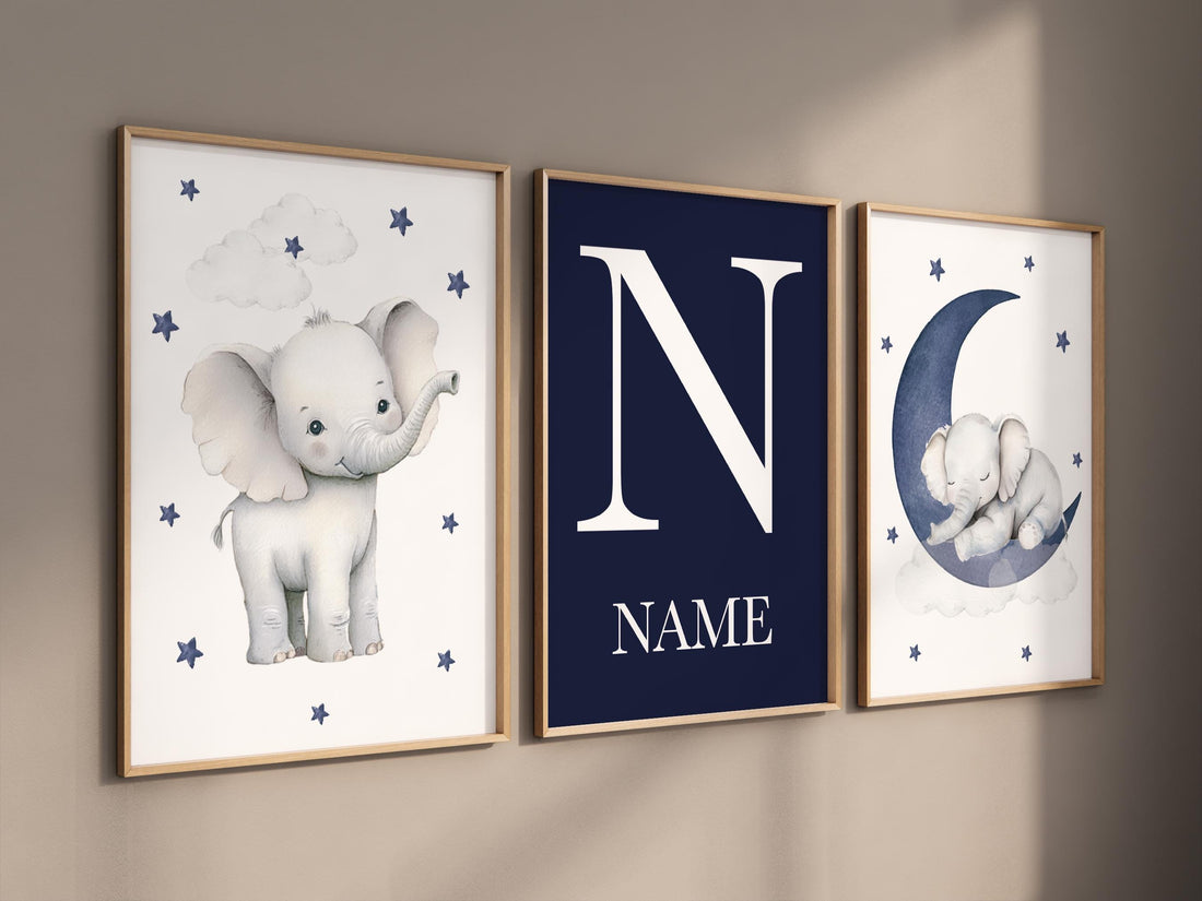 Elephant Nursery Decor: Navy Moon & Stars Boy Wall Art