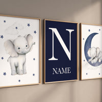 Elephant Nursery Decor: Navy Moon & Stars Boy Wall Art
