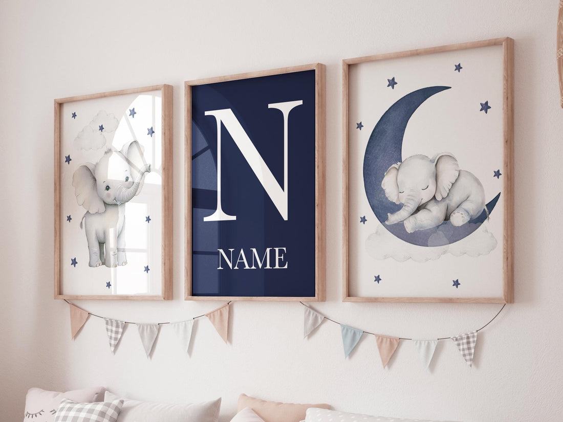 Elephant Nursery Decor: Navy Moon & Stars Boy Wall Art
