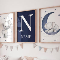 Elephant Nursery Decor: Navy Moon & Stars Boy Wall Art