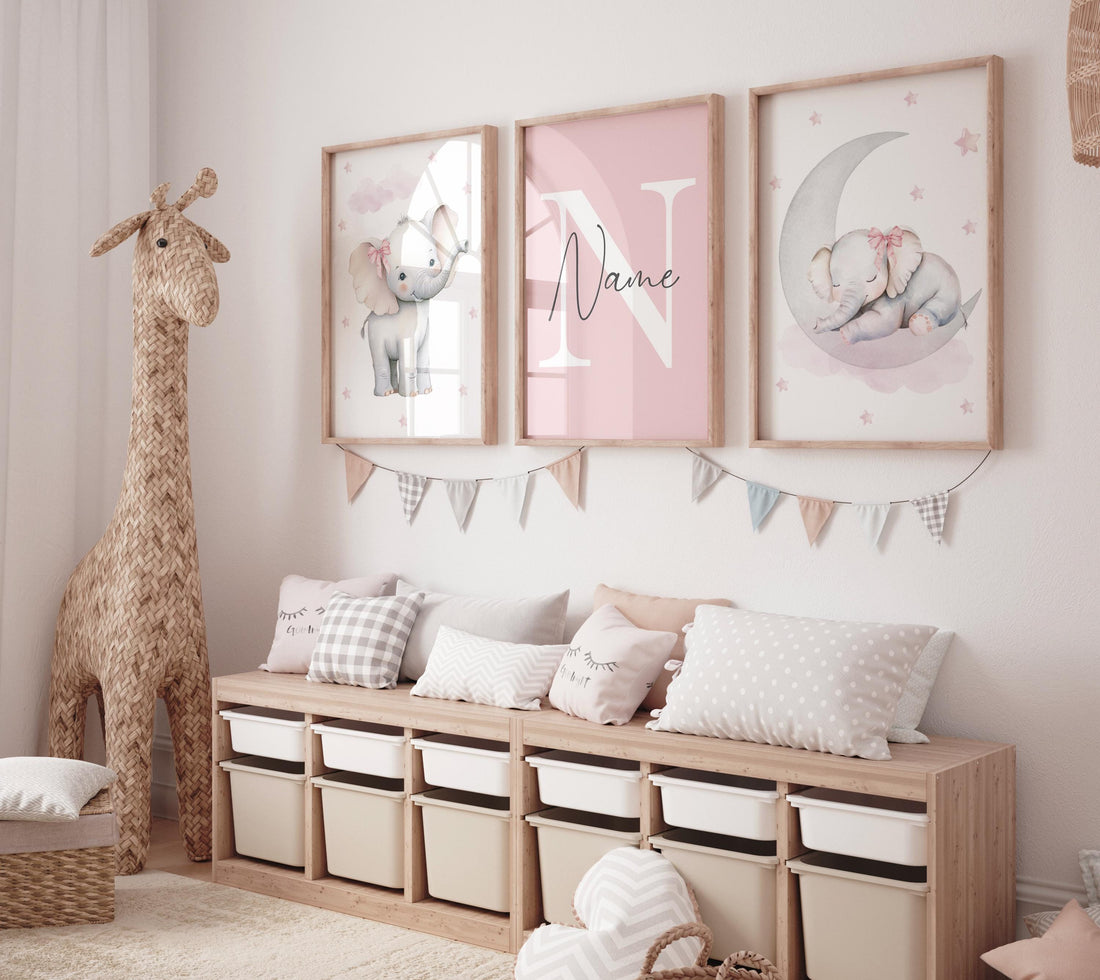 Personalized Elephant Nursery Prints Set: Pink Baby Girl Decor