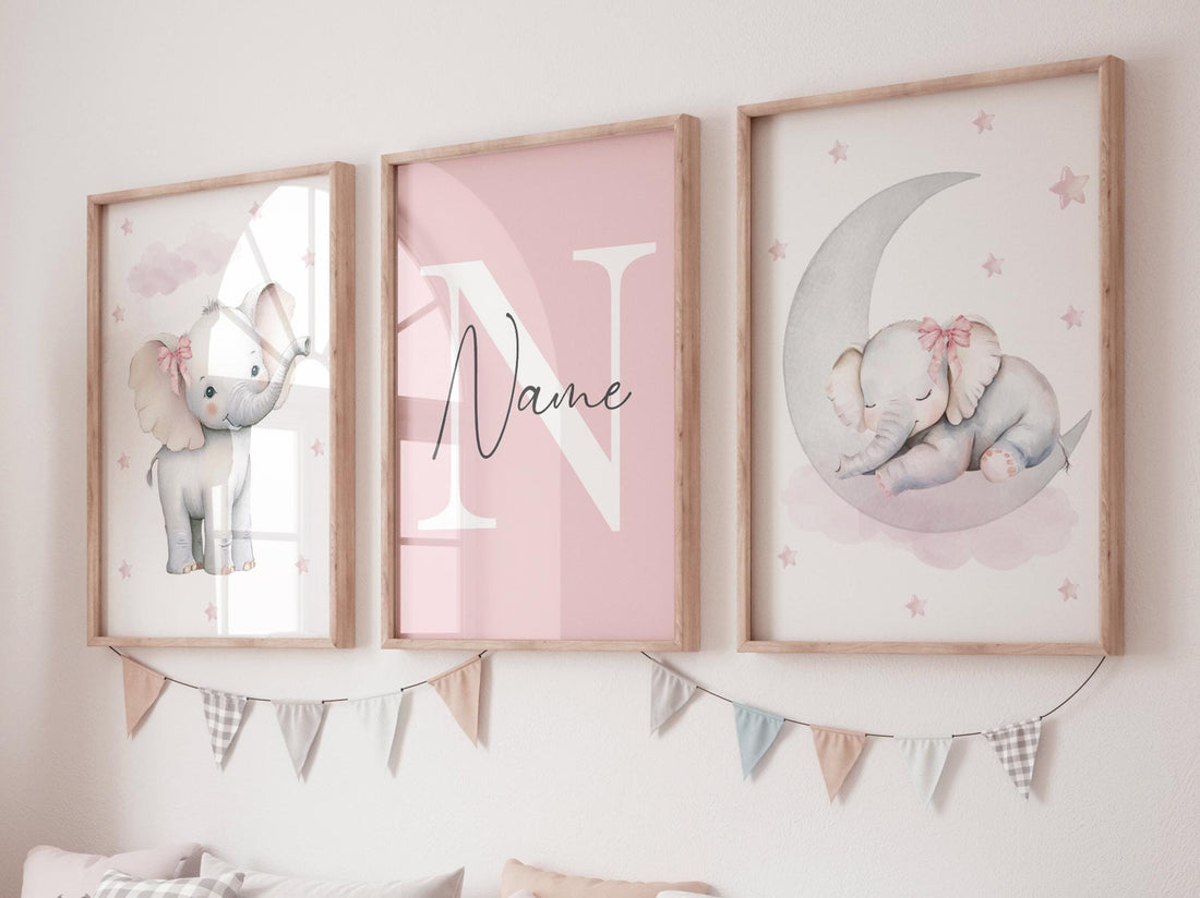Personalized Elephant Nursery Prints Set: Pink Baby Girl Decor