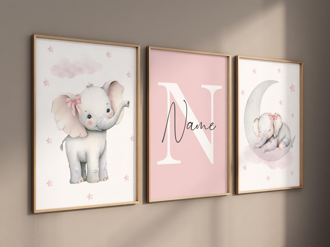 Personalized Elephant Nursery Prints Set: Pink Baby Girl Decor