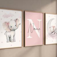 Personalized Elephant Nursery Prints Set: Pink Baby Girl Decor