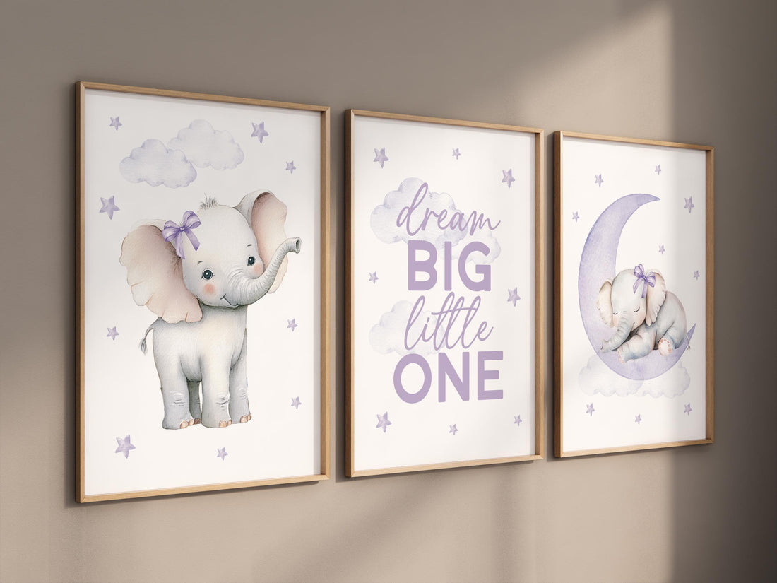 Elephant Nursery Prints: Purple Moon, Stars, Girl Room Decor