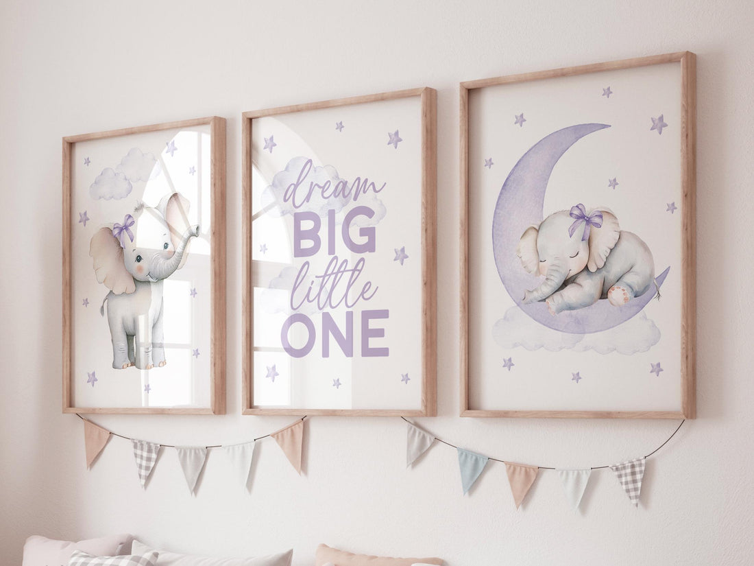 Elephant Nursery Prints: Purple Moon, Stars, Girl Room Decor