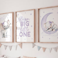 Elephant Nursery Prints: Purple Moon, Stars, Girl Room Decor