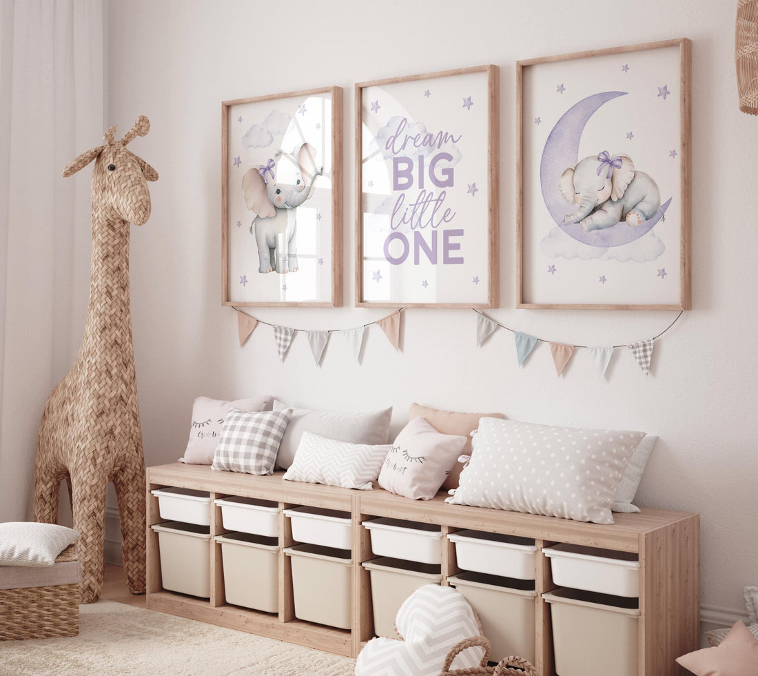 Elephant Nursery Prints: Purple Moon, Stars, Girl Room Decor