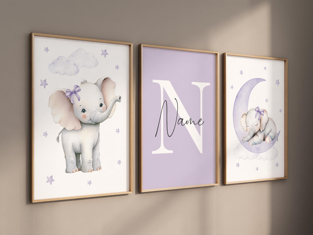 Lavender Elephant Nursery Wall Art – Personalized 3-Piece Set
