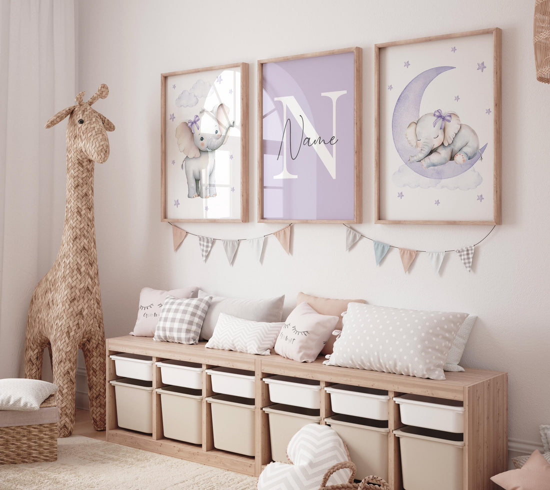 Lavender Elephant Nursery Wall Art – Personalized 3-Piece Set