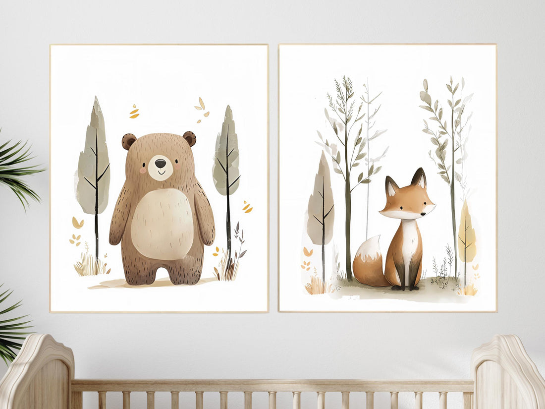 Watercolor Woodland Nursery Prints: Bear, Fox Set