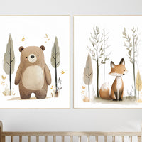 Watercolor Woodland Nursery Prints: Bear, Fox Set