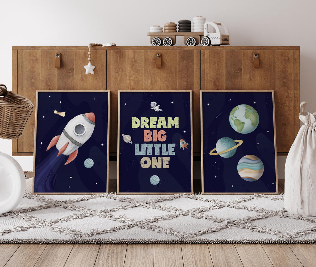 Space Nursery Prints: Astronaut, Rocket, Planets Wall Art Set