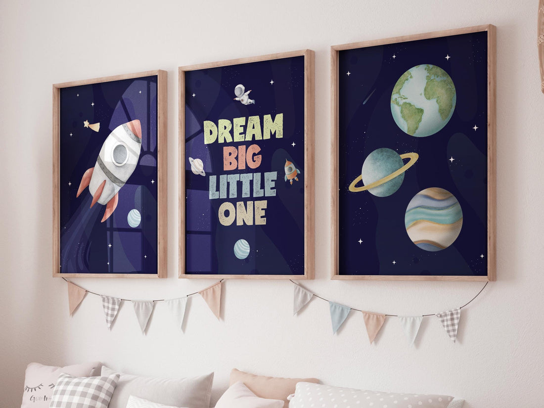 Space Nursery Prints: Astronaut, Rocket, Planets Wall Art Set