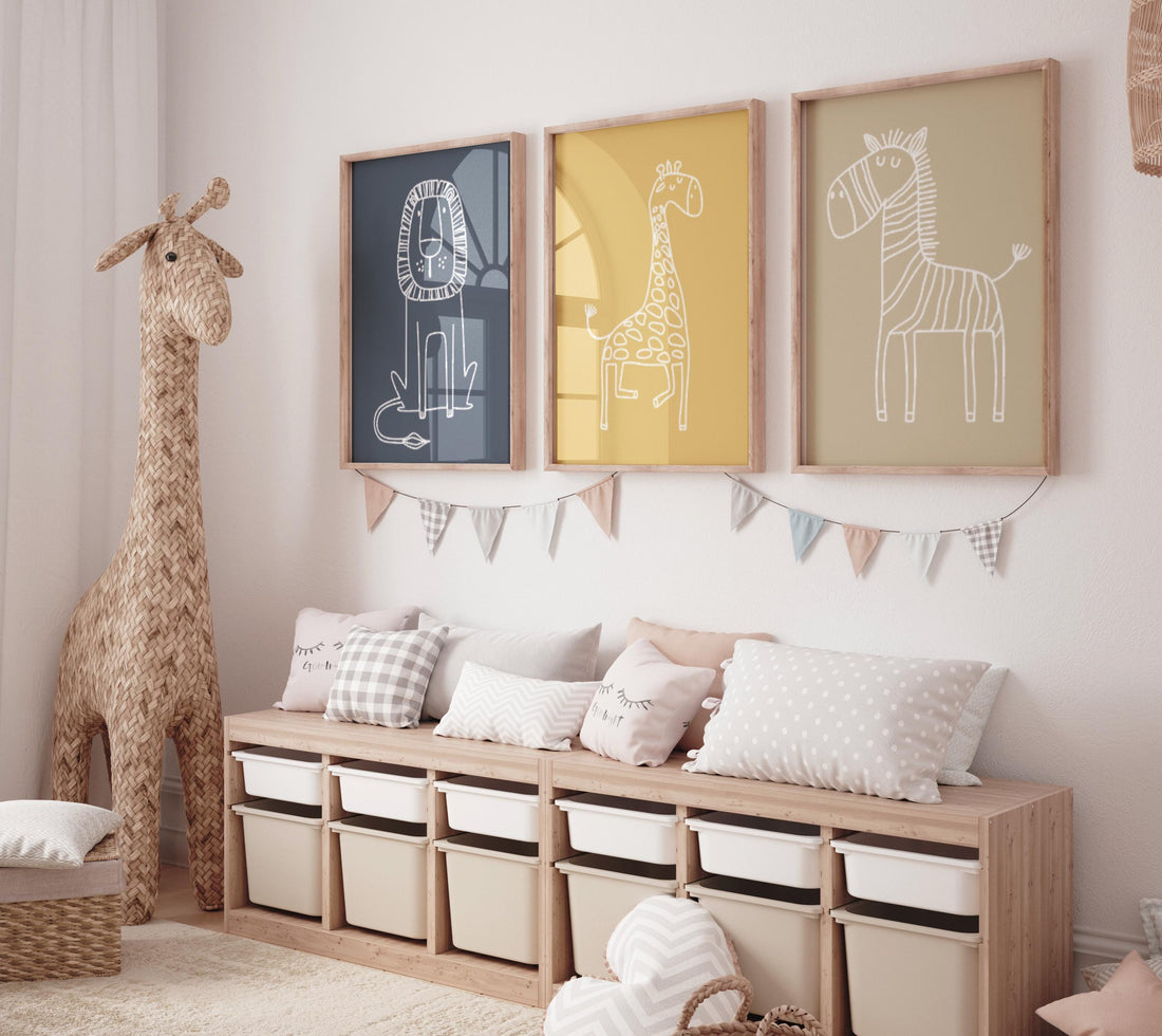 Safari Animal Nursery Prints: Boho Jungle Art, Set of 3
