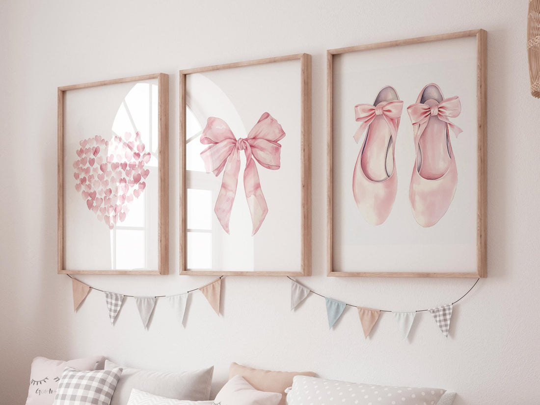 Blush Pink Ballet Nursery Wall Art Set, Heart, Bow & Ballet Shoes