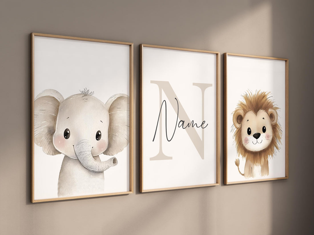 Safari Animal Nursery Prints: Watercolor Lion, Giraffe, Elephant Art (Set of 3)