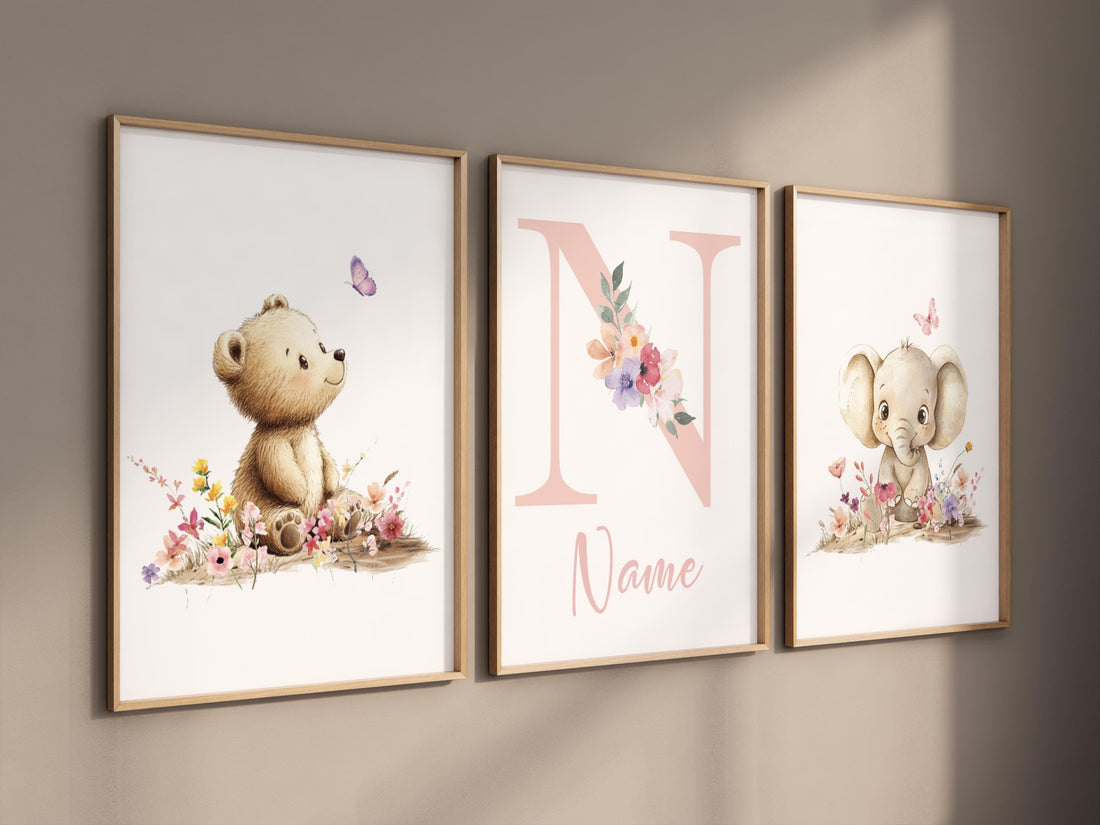 Personalized Bear & Elephant Nursery Print Set | Floral Baby Name Wall Art