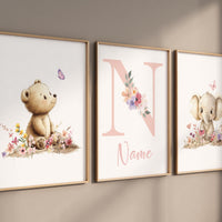 Personalized Bear & Elephant Nursery Print Set | Floral Baby Name Wall Art