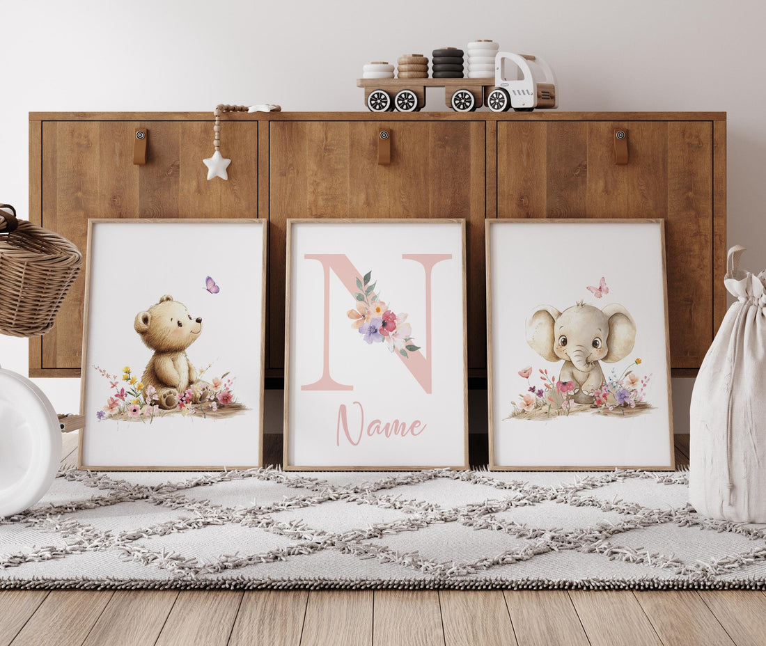 Personalized Bear & Elephant Nursery Print Set | Floral Baby Name Wall Art