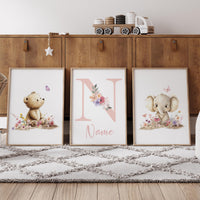 Personalized Bear & Elephant Nursery Print Set | Floral Baby Name Wall Art